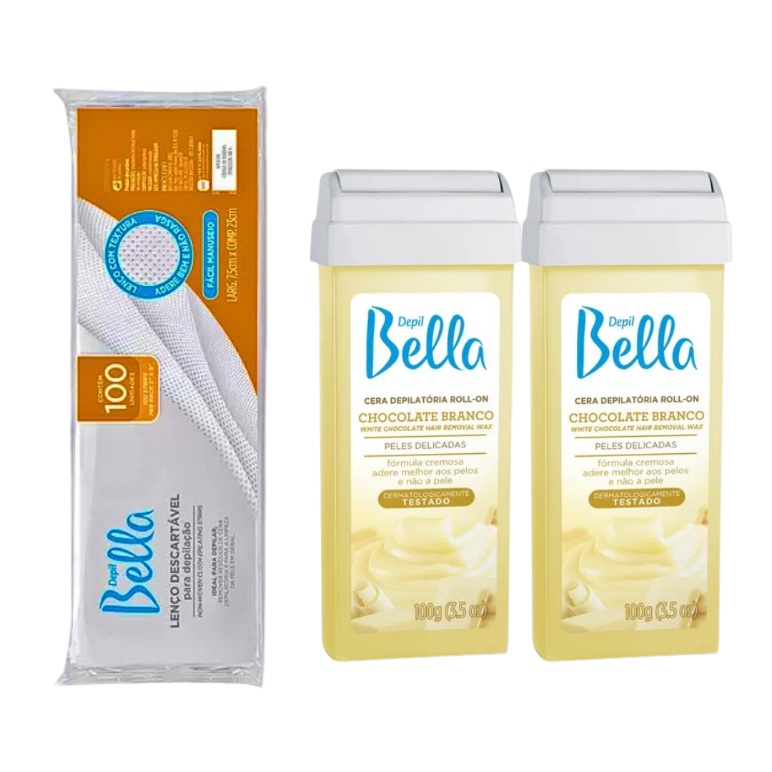 Kit Cera Depil Bella Rollon chocolate e Lenços Descartáveis
