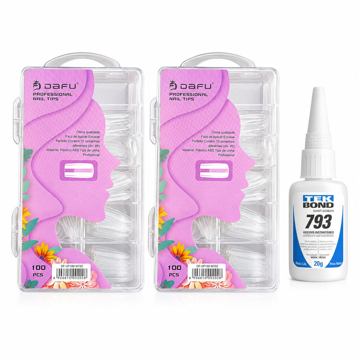 Kit Unha Postiça Semi Fosca Reta 2un e TekBond