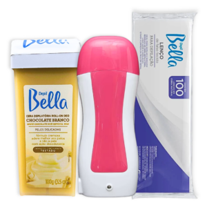 Kit Depil Bella Aquecedor Cera rollon Choco Branco e lenço Falso 100un